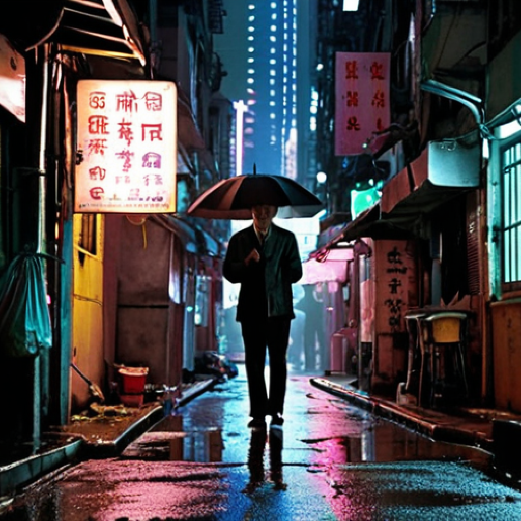 **Image Prompt 1:** A melancholic scene in a narrow Hong Kong alleyway at night. Rain reflects the neon lights, creating a dreamy, blurred effect. A lone figure stands under an umbrella, evoking a sense of loneliness and longing. Inspired by Wong Kar-Wai's "Chungking Express." Focus on atmosphere and color.
