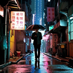 **Image Prompt 1:** A melancholic scene in a narrow Hong Kong alleyway at night. Rain reflects the neon lights, creating a dreamy, blurred effect. A lone figure stands under an umbrella, evoking a sense of loneliness and longing. Inspired by Wong Kar-Wai's "Chungking Express." Focus on atmosphere and color.