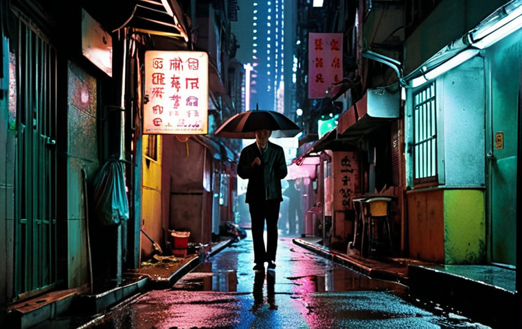 **Image Prompt 1:** A melancholic scene in a narrow Hong Kong alleyway at night. Rain reflects the neon lights, creating a dreamy, blurred effect. A lone figure stands under an umbrella, evoking a sense of loneliness and longing. Inspired by Wong Kar-Wai's "Chungking Express." Focus on atmosphere and color.