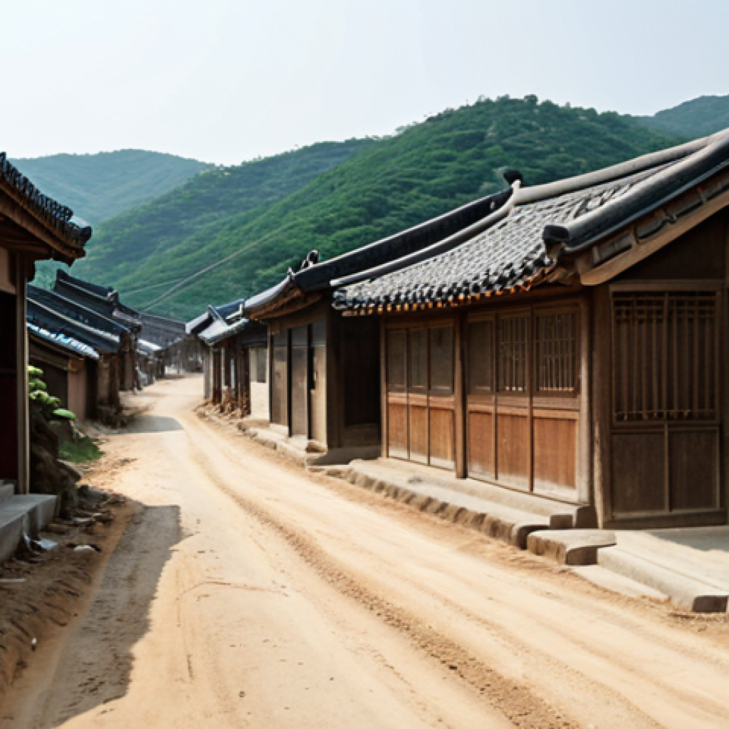 **Image of a dusty road in a rural Korean village, reminiscent of the film "Peppermint Candy," evoking feelings of nostalgia and lost memories.**  Focus on the textures of the road and the surrounding environment to convey a sense of realism and the passage of time.