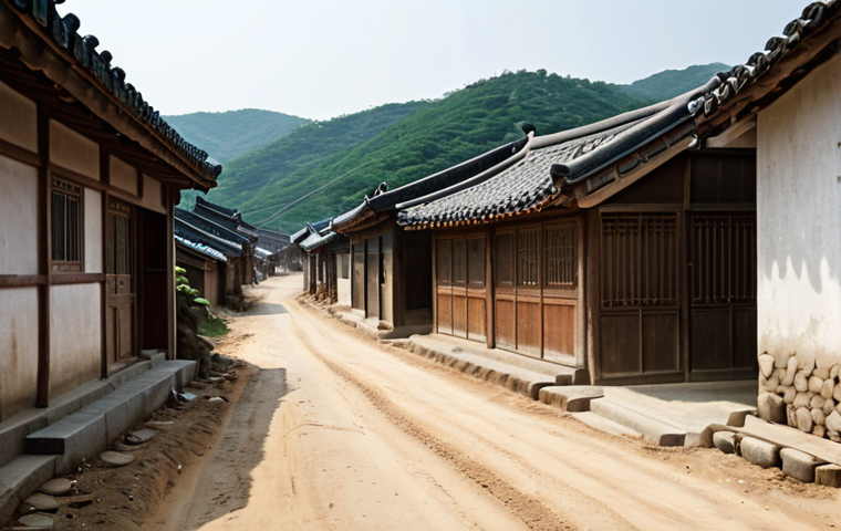 **Image of a dusty road in a rural Korean village, reminiscent of the film "Peppermint Candy," evoking feelings of nostalgia and lost memories.** Focus on the textures of the road and the surrounding environment to convey a sense of realism and the passage of time.