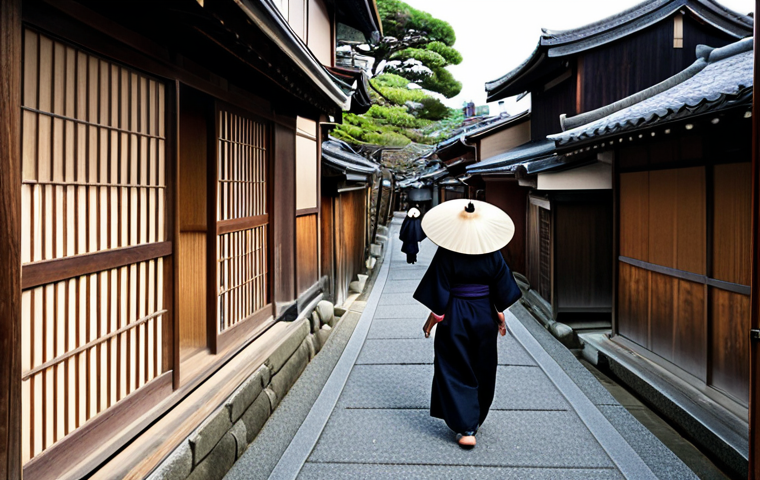 **

A mysterious geisha district in Kyoto. Narrow streets, wooden houses, and geishas walking by. Capture the feeling of an old movie set, with tourists taking photos.

**