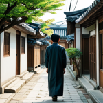 A solo individual, fully clothed in modest, comfortable attire, walks thoughtfully through a serene, narrow alley in Gwangju, South Korea. The alley is lined with traditional Korean houses featuring aged wood and subtle details, bathed in the soft glow of morning light that filters through nearby tree leaves. The overall atmosphere is peaceful and nostalgic, perfectly capturing the aesthetic of an old Korean film scene. Perfect anatomy, natural pose, well-formed hands, correct proportions, safe for work, appropriate content, professional, family-friendly, high-quality cinematic photography.