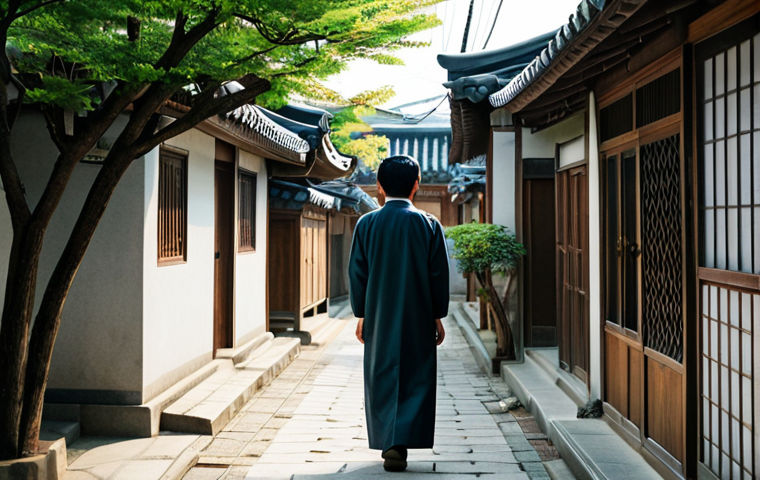 A solo individual, fully clothed in modest, comfortable attire, walks thoughtfully through a serene, narrow alley in Gwangju, South Korea. The alley is lined with traditional Korean houses featuring aged wood and subtle details, bathed in the soft glow of morning light that filters through nearby tree leaves. The overall atmosphere is peaceful and nostalgic, perfectly capturing the aesthetic of an old Korean film scene. Perfect anatomy, natural pose, well-formed hands, correct proportions, safe for work, appropriate content, professional, family-friendly, high-quality cinematic photography.
