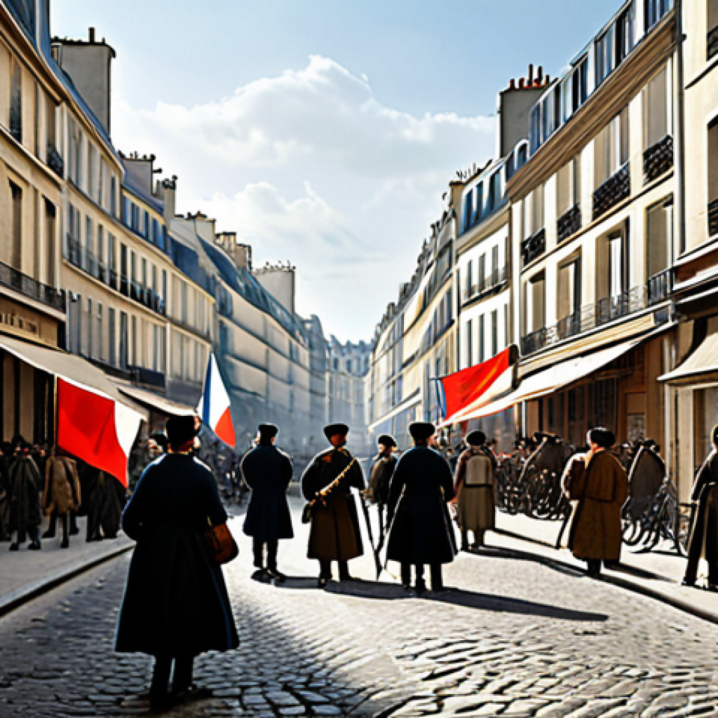 **

"A bustling Parisian street scene during the French Revolution, safe for work, appropriate content, fully clothed. Focus on the architectural details of the buildings lining the street, with subtle signs of revolutionary activity like posters and flags. Modest clothing styles of the era are visible. Perfect anatomy, correct proportions, natural pose, professional illustration, high quality."

**