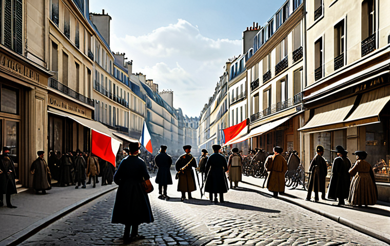 **

"A bustling Parisian street scene during the French Revolution, safe for work, appropriate content, fully clothed. Focus on the architectural details of the buildings lining the street, with subtle signs of revolutionary activity like posters and flags. Modest clothing styles of the era are visible. Perfect anatomy, correct proportions, natural pose, professional illustration, high quality."

**