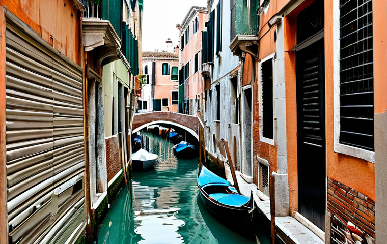 이탈리안 잡 촬영된 베니스 명소 - Venetian Alleyway Scene**

A vibrant and atmospheric view down a narrow Venetian alleyway. Old build...