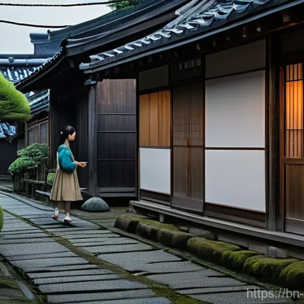 센과 치히로의 행방불명 실제 배경 - A serene and slightly melancholic scene of an old Japanese village, reminiscent of the Edo-Tokyo Ope...