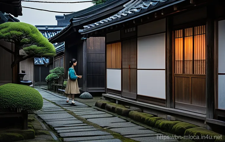 센과 치히로의 행방불명 실제 배경 - A serene and slightly melancholic scene of an old Japanese village, reminiscent of the Edo-Tokyo Ope...