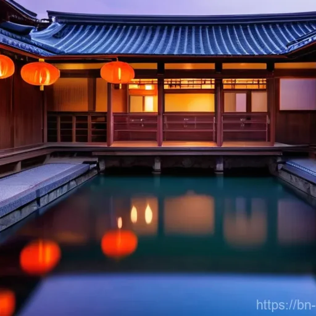 미야자키 하야오 영화 속 명소 - **A Grand Japanese Bathhouse at Dusk:** A sprawling, multi-tiered traditional Japanese bathhouse, in...