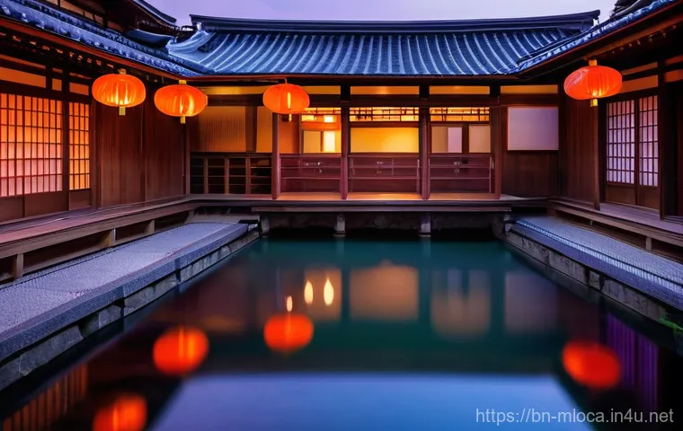 미야자키 하야오 영화 속 명소 - **A Grand Japanese Bathhouse at Dusk:** A sprawling, multi-tiered traditional Japanese bathhouse, in...