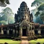 인디아나 존스 영화 촬영된 사원 - **Prompt:** A majestic, ancient Khmer temple complex, inspired by the Bayon temple at Angkor Thom. T...