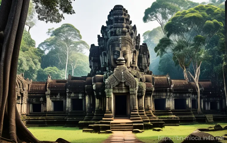 인디아나 존스 영화 촬영된 사원 - **Prompt:** A majestic, ancient Khmer temple complex, inspired by the Bayon temple at Angkor Thom. T...