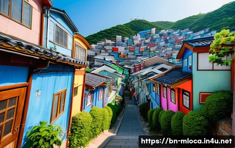 부산 영화 배경 장소 - **Prompt 1: Cinematic Alleyways of Gamcheon Culture Village**
    "A vibrant, wide-angle shot of Gam...
