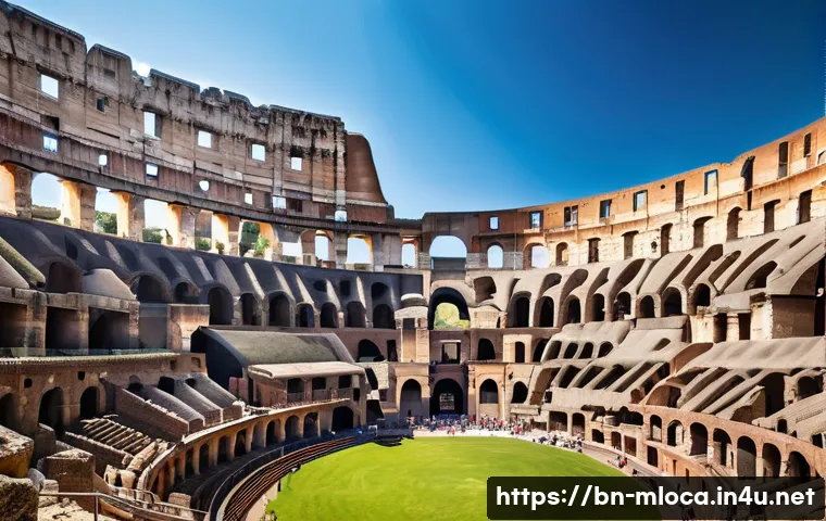 글래디에이터 영화 촬영된 콜로세움 - A highly detailed panoramic view of the ancient Roman Colosseum during a sunny spring day, showcasin...