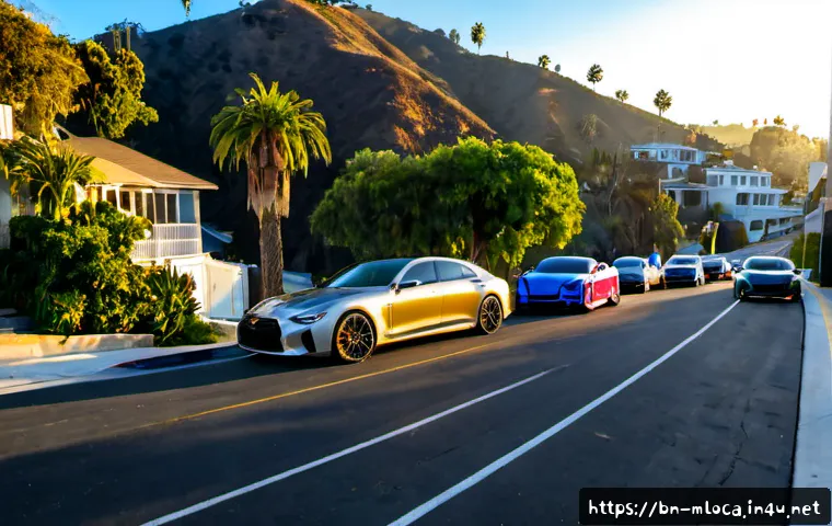 패스트 앤 퓨리어스 촬영된 장소 - Photorealistic cinematic view of a sunlit Los Angeles hillside street with palm trees, modern houses...