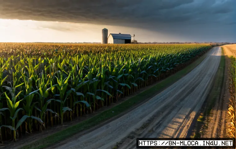 인터스텔라 촬영된 미국 지역 - Photorealistic wide view of a vast rural American cornfield in late autumn, weathered farmhouse and ...