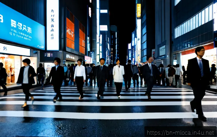 도쿄 영화 촬영 명소 - Photorealistic cinematic view of a famous Tokyo pedestrian scramble crossing at blue hour, diverse p...
